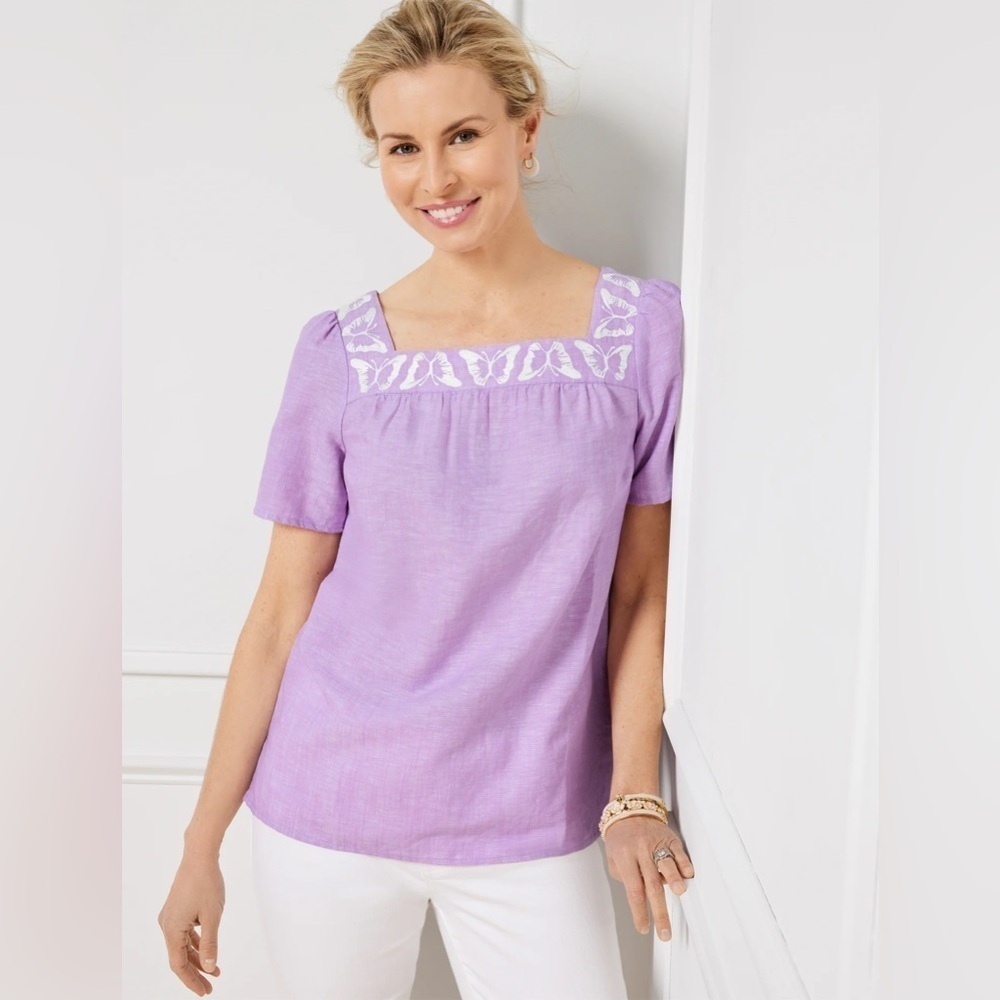Talbots Butterfly Embroidered Linen Cotton Blend Square Neck Lavender Blouse M